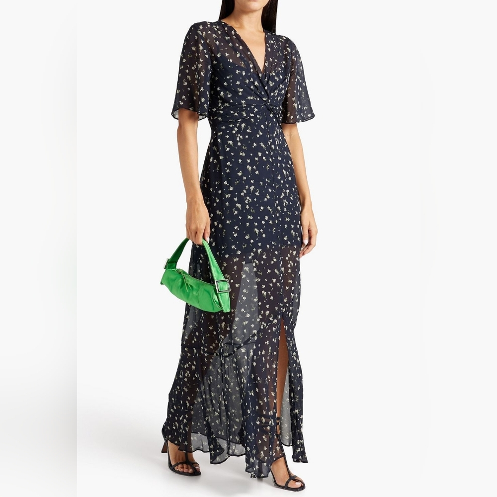 RAG & BONE Tamar Floral Print Sheer Chiffon Maxi Dress Size 0 Midnight Blue